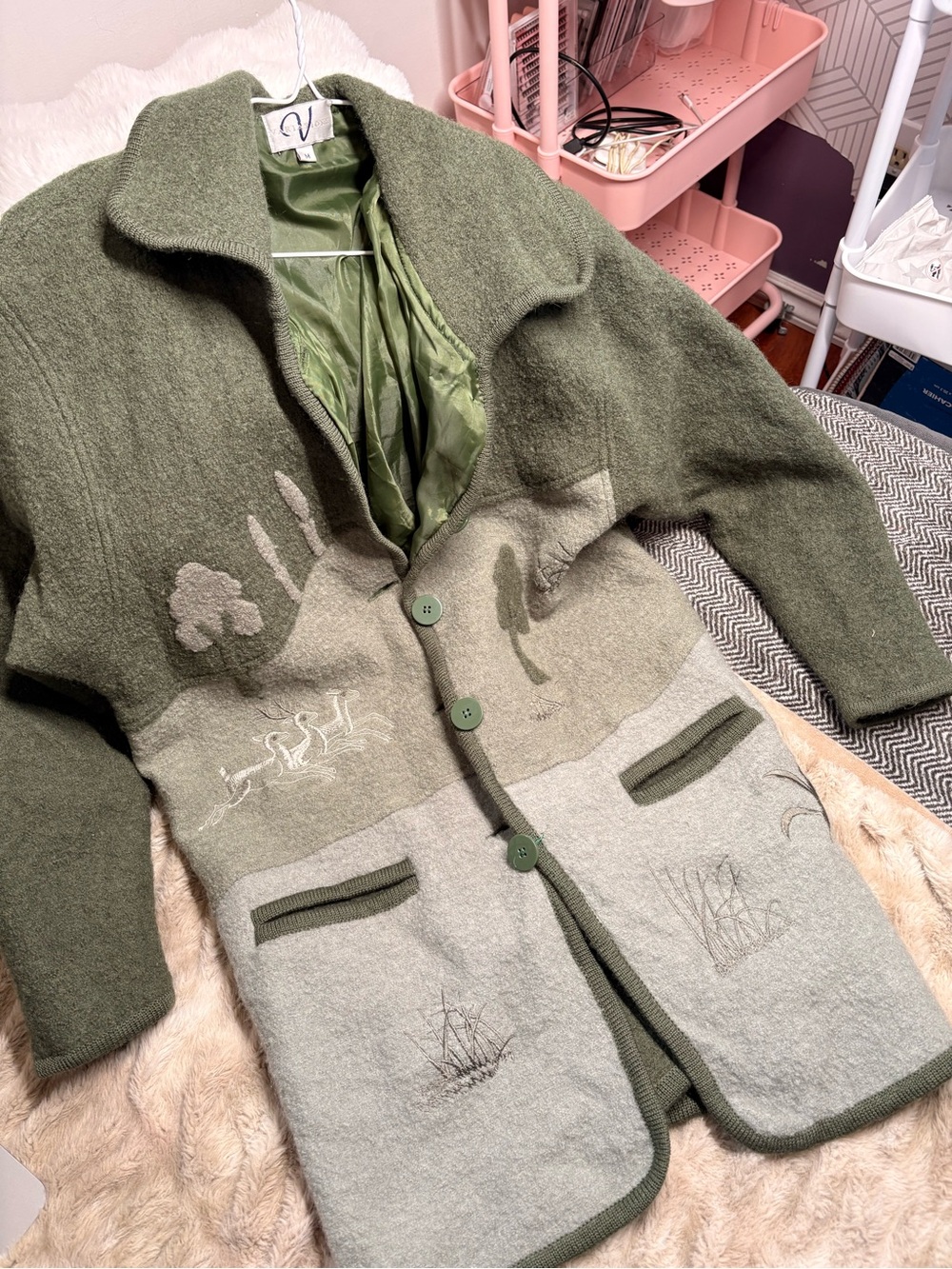 Green Wool Scenic Button-Up Coat